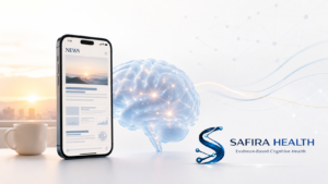 Person checking smartphone news in the morning beside a scientific illustration of the brain